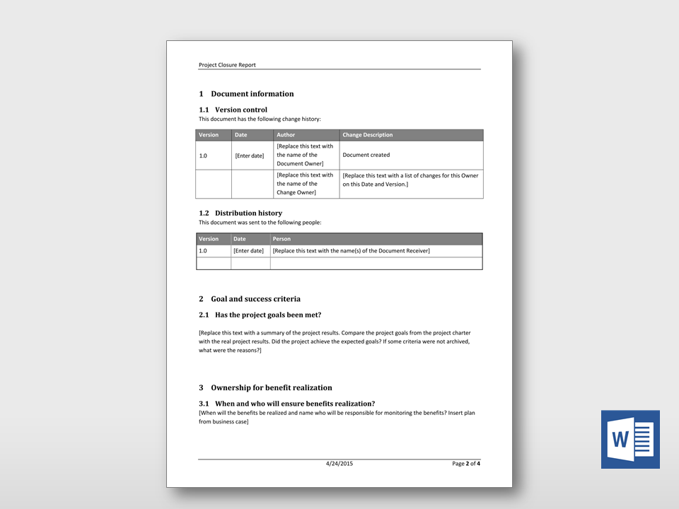 Project Closure Report Template Free