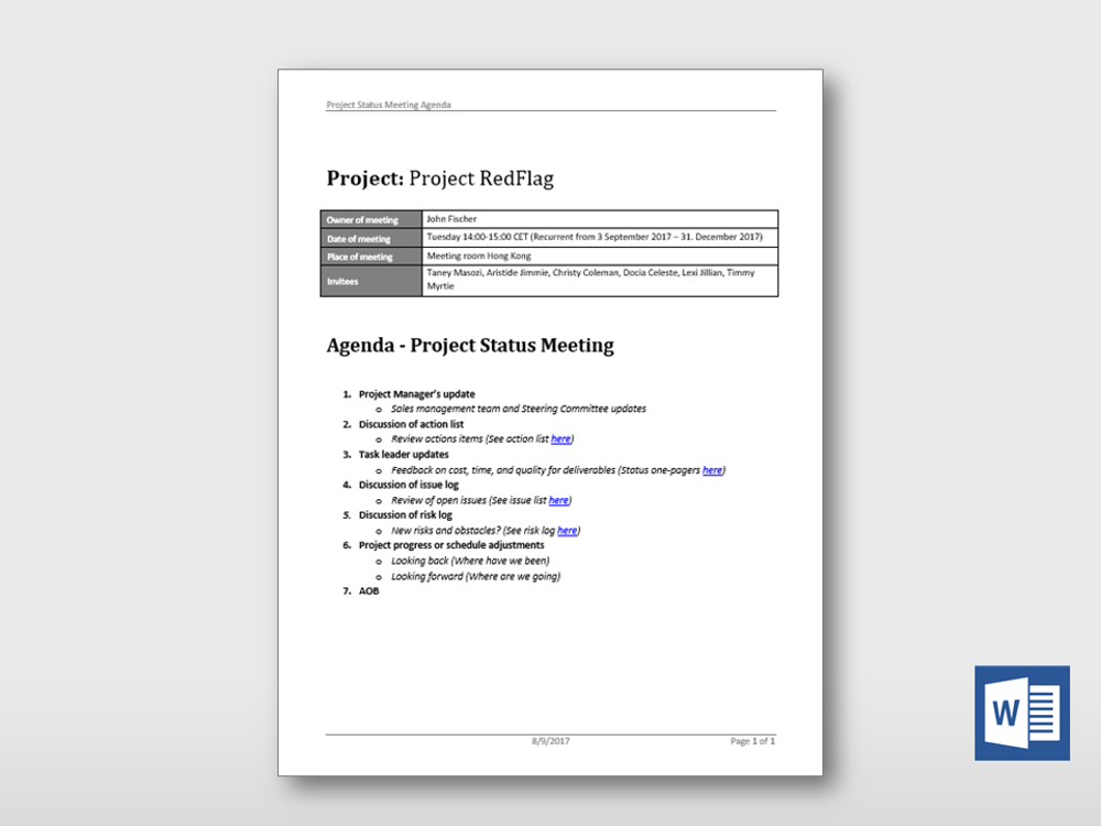 Project Status Meeting Agenda Project Status Meeting Agenda