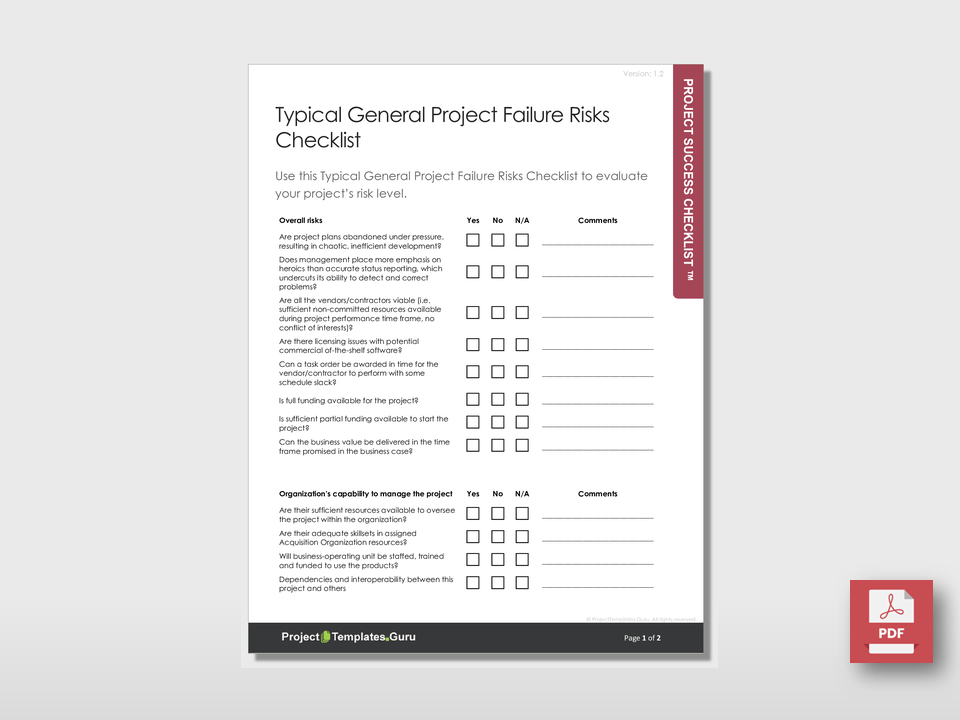 Project Management Risk Checklist Typical General Project Failure Risks Checklist