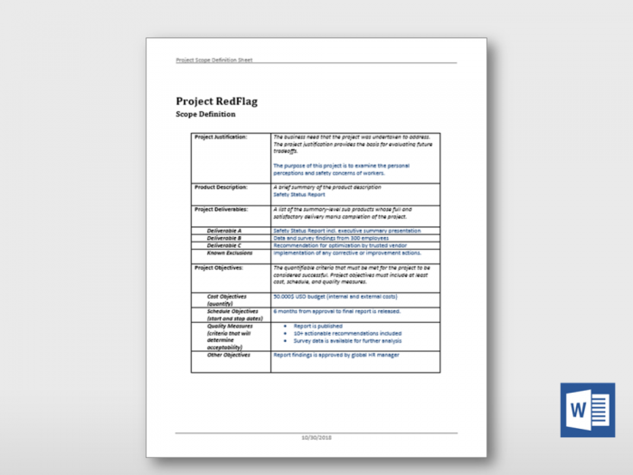 Project Scope Definition Sheet 1